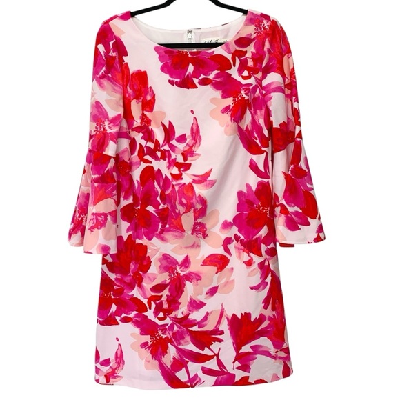 Eliza J Dress Womens 10 Pink White Floral Long Sleeve Wedding Event Modest - Picture 1 of 9